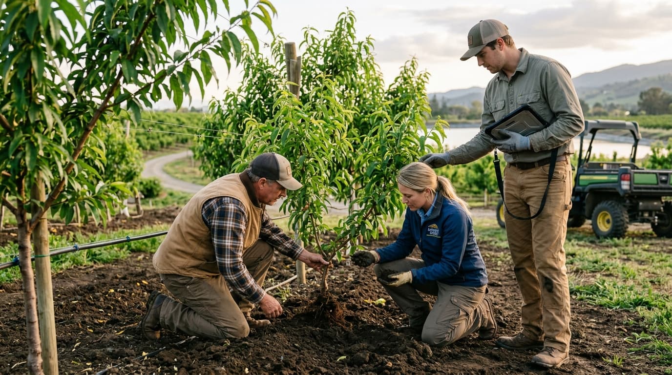 Agricultural field specialists assessing healthy crops and soil structure
