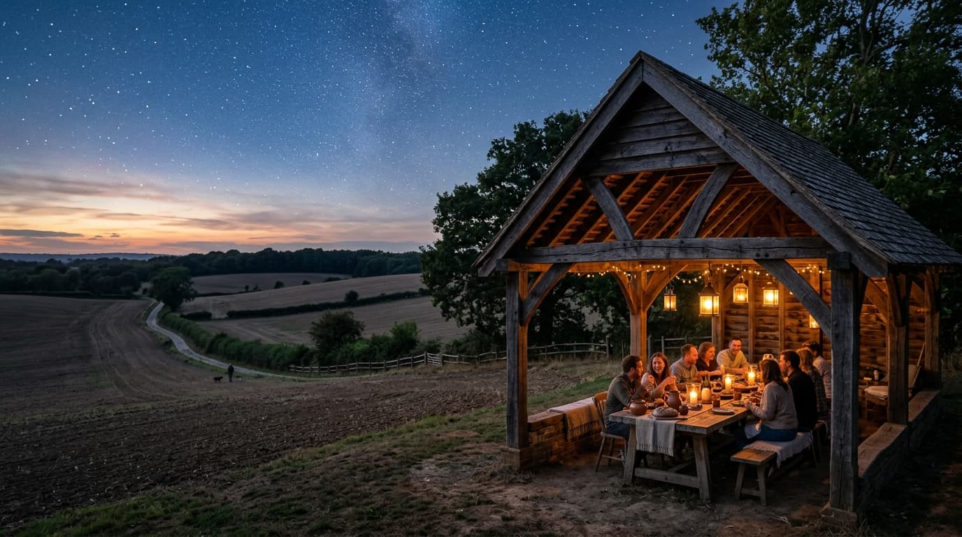 Warm twilight gathering under open timber farm pavilion with lantern light over fields