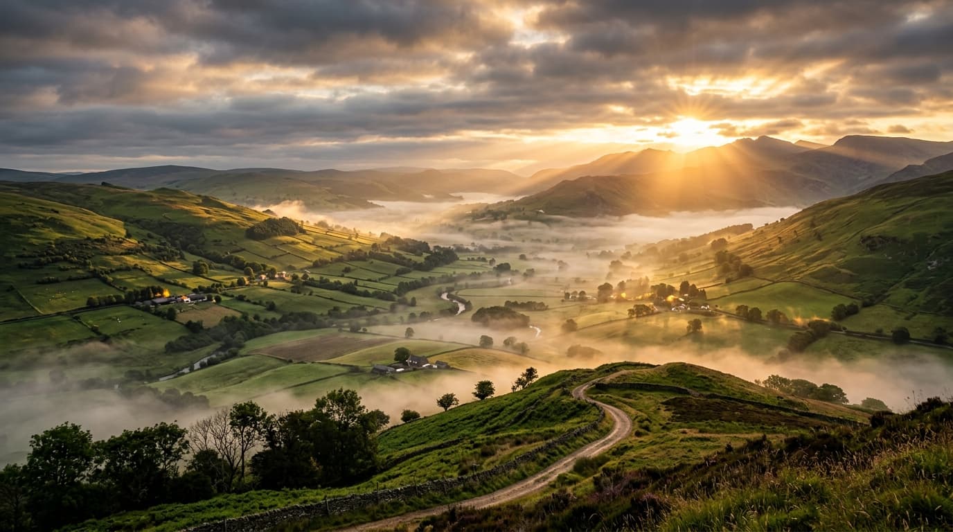 Misty agricultural valley and rolling green hills at golden sunrise