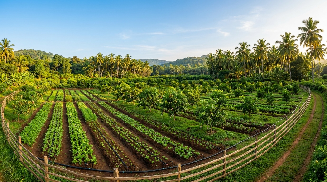 Expansive managed agricultural estate with lush crop rows, drip irrigation, and fruit orchards